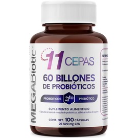 Probióticos 60 Billones y 11 Cepas e Inulina de Agave | Suplemento Alimenticio con Probióticos y Prebióticos a Base de Sábila, B. Lactis y L. Rhamnosus | Cont. 100 caps., MegaBiotic