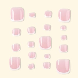 Summer Press on Toenails Square Short Fake ToeNails White French Tip Toe Nail Press ons Light Pink False Toenails Cute Toenail Press ons Artificial Stick on Toenails for Women 24Pcs