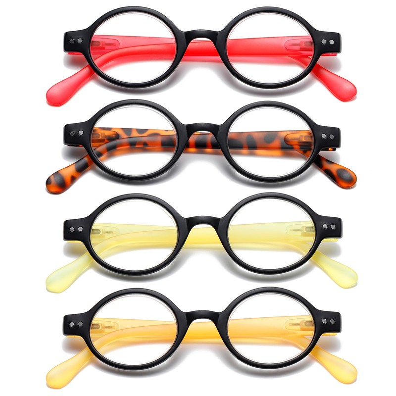 KoKoBin 4-Pack Mini Small Round Reading Glasses Comfortable Readers for