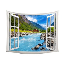 Forest Stream Mountain Wall Tapestry, Stone And Little Red House Beautiful Nature Landscape Wall Tapestries for House Living Room Decor, L 79' ( L ) x 59' ( W )