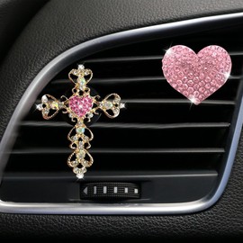 UHANBUT 2PCS Bling Cross & Heart Car Dashboard Air Vent Trim Clip, Sparkly Crystal Rhinestone Air Conditioner Outlet Vent Clips Charm, Universal Vehicle Interior Diffuser Accessory for Women (Pink)