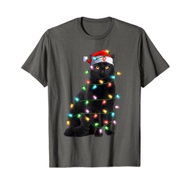 Xmas Lights Santa Hat Black Cat Christmas T-Shirt