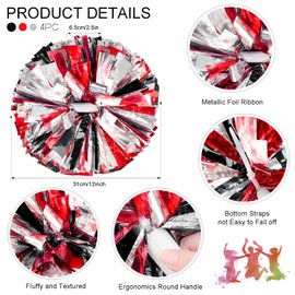 ZONITOK 4 Pcs Metallic Cheerleading Pom Poms, Cheerleader PomPoms with Baton Handle, Cheering Squad Pompoms for Kids Adults School Dance Sports Team Spirit Cheering (Black Red Sliver)