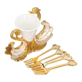 Swan Base Fork Holder Set Elegant Multifunctional Decorative Swan Flatware with 6 Forks for Fruit Salads Coffee Desserts Gold White
