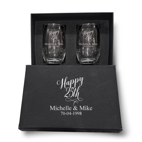 Krezy Case 25th Anniversary Couple wine glasses,20oz Etched Stemless Wine Glasses for Couples, Perfect Engagement Wine Glasses,Bridal shower Wine Glasses, Anniversary Wine Glasses