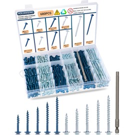 680 pcs Pocket Hole Screws Assortment Kit, 5 Sizes Blue Ceramic Coated and Zinc Coated Pocket Screws, Square Drive Self Tapping Coarse Thread Wood Screws Set, #8 x 1, 1-1/4", 1-1/2", 2", 2-1/2"