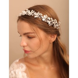 Deniferymakeup Bridal Wedding Hair Accessory Pearl Hair Vine Leaf headband Rhinestone Hair Piece for Bride
