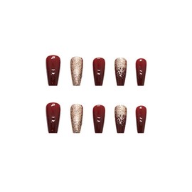 SINHOT Red Press on Nails - Medium Coffin Glossy Glue on Acrylic Gold Glitter Ballerina Artificial Stick on False Nails with Design - 24 pcs