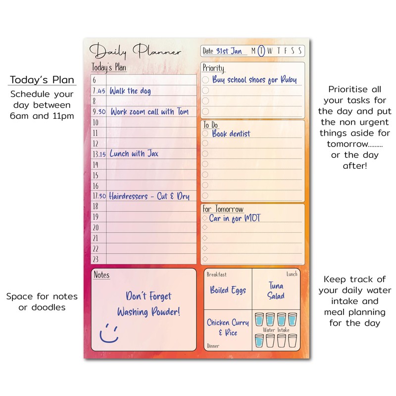 A5 Daily Planner 50 Sheet Note Pad with Schedule, Priority,