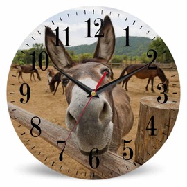 Mxocom Funny Donkey Wall Clock Cute Animal Mule Face Fence Farm Grass 10 Inch Silent Non Ticking Battery Operated Clock Vintage Round Clock for Living Room Bedroom Bathroom Office Decor