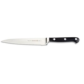 Mundial 5100 Series 6-inch Utility Knife with a serrated edge, forged blade, stainless steel design, and comfortable handle