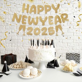 Yeaqee Happy New Year Banner 2025 Glitter Pre-strung Banner 10 Feet for New Year Sign New Year Eve Party Banner Decoration, Happy New Year 2025 Party Supplies(Champagne Gold)