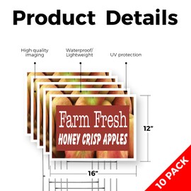 Farm Fresh Honey Crisp Apples Yard Sign 10 Pack of 12 Inch x 16 Inch Double Sided Weatherproof Heavy-Duty Plastic with Stake | Sweet and Juicy, Locally Grown, Orchard Fresh | Made in USA