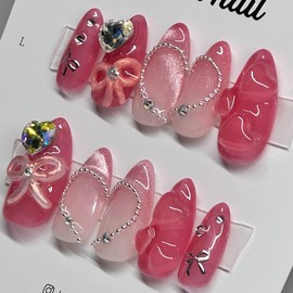 Shy Ribbon Heart Handmade Nail Tips - Coffin / 수줍은 리본하트 수제네일팁 - 코핀