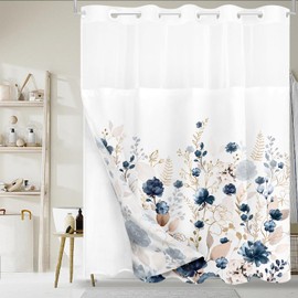 Tititex No Hooks Snap in Liner Aesthetic Navy Blue Floral Shower Curtain Sets, Hotel Luxury Double Layers Waterproof Fabric & See-Through Top Window Bathroom Decorative 72x72 Inch