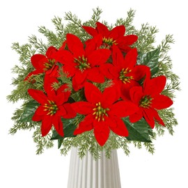 Ramo de flores artificiales de Navidad con tallos de bayas rojas, ramas de pino, arreglos de seda para centros de mesa de boda, fiesta del hogar, decoración de Navidad (12, rojo)