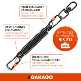 Gakago Swing Spring for Hanging Chair - Pleasant Swing Thanks to 360° Spring with Swivel - Extra Safe Steel Spring Set with Safety Stainless Steel Cable and 2 Carabiners with Screw Cap