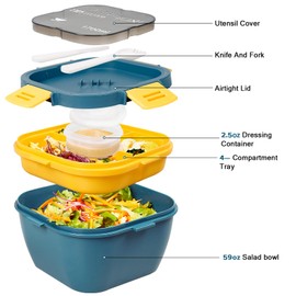 Greentainer Lunch Box Leak-Proof Bento Box with 1 Fork, Salad Container with Dressing Container, 3 Compartments Salad Box-to-Go for School, Work, Picnic, Travel, Camping (Light Blue, 1700 ml)