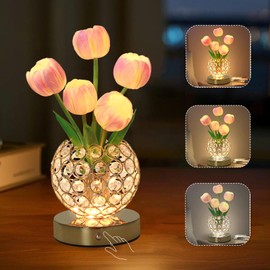Tulip Flower Lamp, Rechargeable Tulip Lamp LED Artificial Flowers Night Light with Crystal Vase & 3 Color Temperature, Dimmable Touch Cordless Table Lamp, Unique Birthday Gift for Woman Mom (Pink 1)