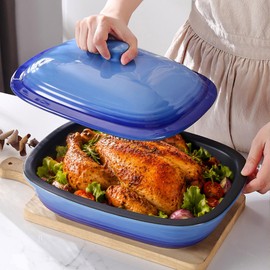 LE POTOCIO Ceramic Casserole Dish with Lid – 9x13 Stoneware Baking Dish with Lid for Oven, 2.57 Qt Large Deep Casserole Dishes for Oven, Covered Deep Casserole Dish Lasagna Pan (Blue A)