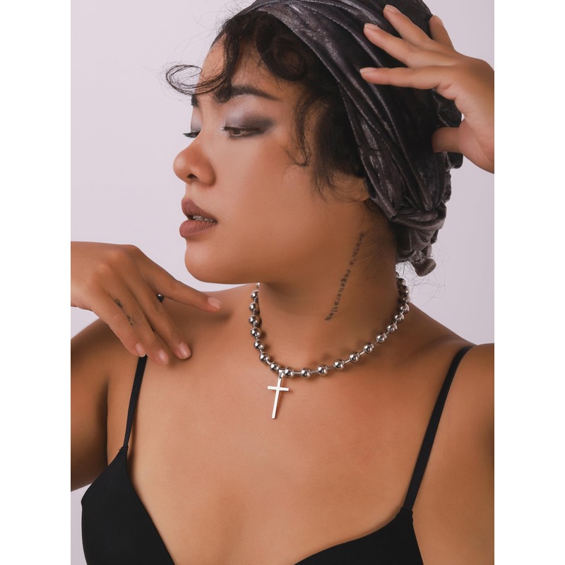 Sacina Silver-tone-tone Emo Beaded Cross Choker Ball Chain Necklace for