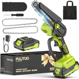 PULITUO 20V Mini Chainsaw Cordless, 6 Inch Battery Powered Electric Chainsaw with 2 Batteries, Lightweight Handheld Saw for Tree Trimming, Wood Cutting, Pruning - Color: Green (1 Battery)