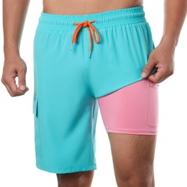 BRISIRA Mens Swim Trunks Bathing Suit 9 Inch Inseam Compression Liner Beach Long Board Shorts Swimsuit Anti-Chafe Quick Dry Lightblue