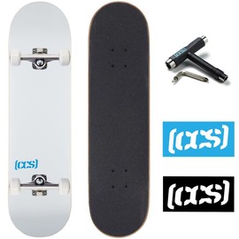 CCS Skateboard Complete - Color Logo and Natural Wood - Fully Assembled - Includes Skateboard Tool and Stickers (White, 7.5")
