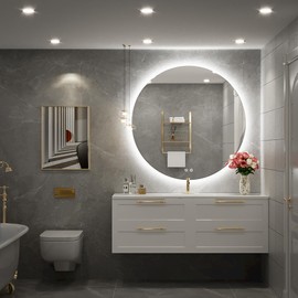 FTOTI 24 Inch LED Round Mirror,Backlit Lighted Bathroom Mirror,6000K Wall Mounted Round Mirror with Lights,Frameless Circular Light Mirror,Anti-Fog&Dimmable,CRI90+,IP54 Waterproof
