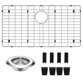 Sink Protectors for Kitchen Sink 28-3/4" x 15-3/4" Stainless Steel Sink Protector with Rear Drain Hole Sink Rack for Bottom of Sink with Sink Strainer(Silver, Separable,28-3/4" x 15-3/4", Rear Drain)
