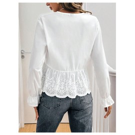 SweatyRocks Women's Long Sleeve Tie Front Peplum Blouse Hollow Out Eyelet Crop Tops White Small
