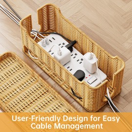 NiHome 3-Pack Rattan Cable Management Boxes to Keep Cords Organized in Home and Office, Safe & Durable Cable Organizer Box for Clutter-Free Desktop & Floor, Smart Wire Groove Ventilated Cable Storage