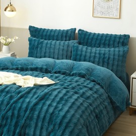 Luowei Plush Bed Linen 135 x 200 cm Winter Warm Blue Cuddly Fluffy Bed Linen Luxury Reversible Duvet Cover with Zip and Pillowcase 80 x 80 cm