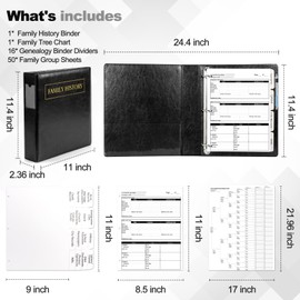 Family History Binder 3 Ring 50 Family Group Sheets 12th Generation 16 Sheets Genealogy Binder Dividers Family Tree Chart Genealogy Supplies with Pen Loop PVC Pocket For Organizer Family History Black
