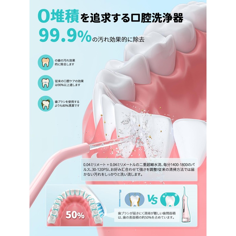 COSLUS 口腔洗浄器 ジェット ウォッシャー 300ml ワイヤレス携帯用こうくう洗浄機 の双方向水流水 充電式歯 ジェットウォッシャーIPX7防水 の5個替えノズル