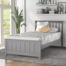 P PURLOVE Twin Size Bed Frame,Solid Wood Platform Bed with Headboard,Single Twin Bed Frame with Slat,Gray
