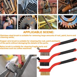 Wire Brush Set Brass, Nylon/Brass/Stainless Steel Bristles, 7 Inches Brush with Curved Handle Grip for Deep Cleaning,Rust removal,Paint Scrubbing (3Pcs)