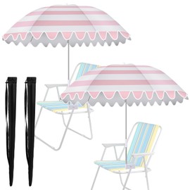 Abbylike 2 Pcs Scalloped Chair Umbrella with Universal Adjustable Clamp 38'' Portable Wheelchair Umbrella UPF 50+ Camping Chair Parasol with Bag for Outdoor Patio Lawn(Pink, White Scalloped)