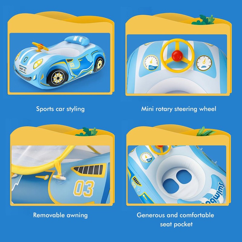 Baby Inflatable Pool Float with Canopy Car Shaped Baby Swim