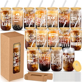 Pickmesh 16 Sets Nurses Appreciation Christmas Gifts Nurses Employee Appreciation Gifts Bulk Includes 16 Pcs 16 oz Glass Cups with Lid Straw and 16 Pcs Buff Gift Boxes Gifts(Stylish)