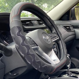 PINCTROT D Shaped 14 Inch Small Sized Steering Wheel Cover Great Grip with 3D Honeycomb Anti-Slip Design, Flat Bottom 14 Inch (Black/Red Stitch)