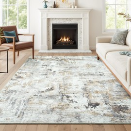 Carpelux 5x7 Area Rugs, Neutral Machine Washable Rugs for Living Room, Abstract Modern Soft Non-Slip Thin Print Floor Carpet for Bedroom Kids Room, Brown/Grey