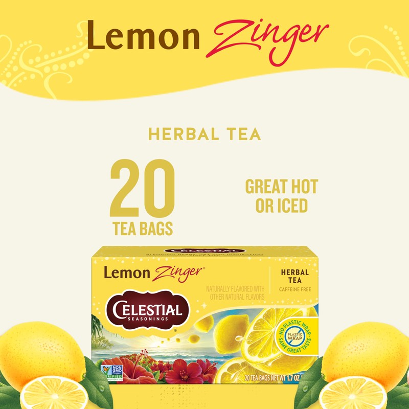 Celestial Seasonings Lemon Zinger Herbal Tea, Caffeine Free, 20 Tea