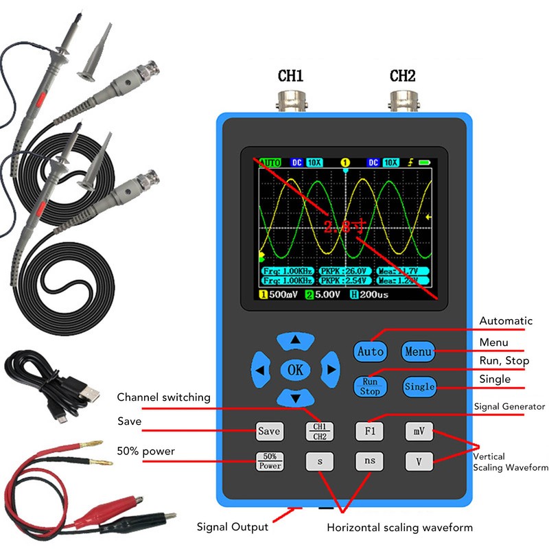 Handheld Oscilloscope 2 Channel 120MHz Bandwidth 2.8in LCD Backlight Display