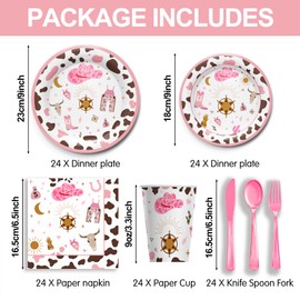 Vpimatero Western Cowgirl Party Supplies - Cowgirl Birthday Party Decorations Include Plate, Napkin, Cup, Cutlery, Wild West Cowgirl Theme Party Decorations Tablware | Serve 24