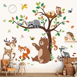 decalmile Wall Sticker Forest Animals Tree Wall Sticker Bear Deer Fox Animals Wall Sticker Nursery Baby Room Bedroom Wall Decoration