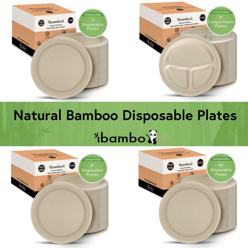 Ibambo Bamboo Disposable Paper Plates - Compostable Plate, PFAS Free