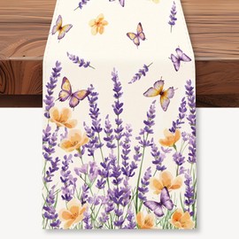 WADORN Lavender Butterfly Table Runner, 13x72 Inch Floral Butterfly Kitchen Dining Table Decoration Spring Summer Seasonal Farmhouse Table Runner for Home Anniversary Holiday Party Indoor Outdoor