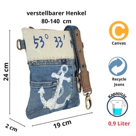 Sunsa Women's Shoulder Bag. Small Canvas Shoulder Bag, Recycled Jeans & Leather, Maritime Vintage Design Crossover Bag. Sustainable Bag for Sea Lovers with Anchor, beige blue