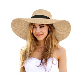 Womens Sun Hat UV Protection Wide Brim Beach Hat Floppy Foldable Roll-Up Straw Hats for Women UPF 50 Khaki Beige